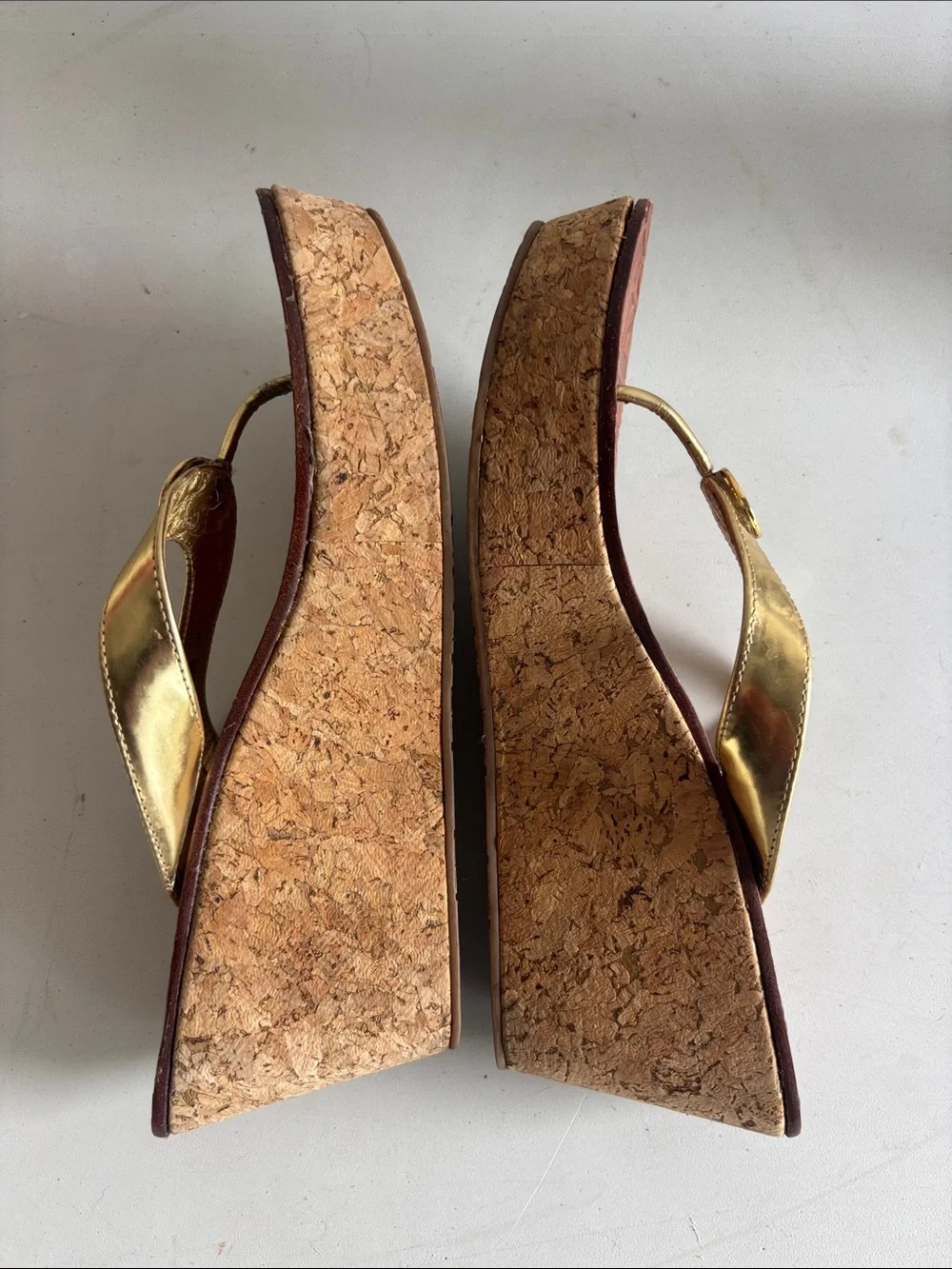 Tory Burch Thora Metallic Gold Leather Cork Wedge Thong Sandals